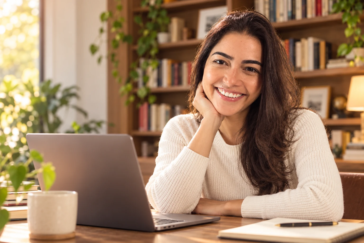 Juliana sorrindo para a câmera à mesa, com notebook aberto.