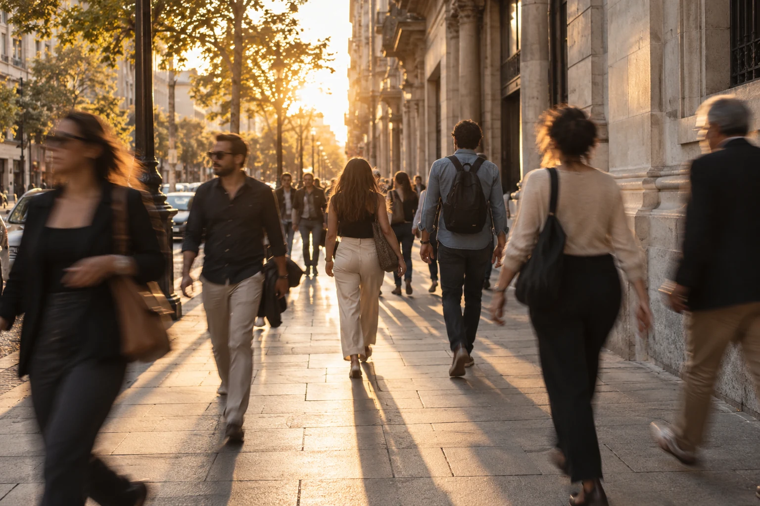 Pessoas caminhando pela cidade, com movimento suavemente desfocado.