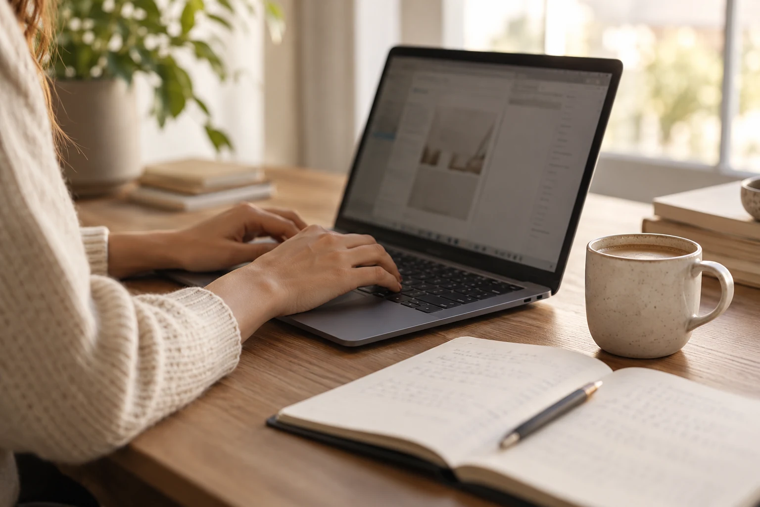Mãos usando um notebook ao lado de caderno e café.