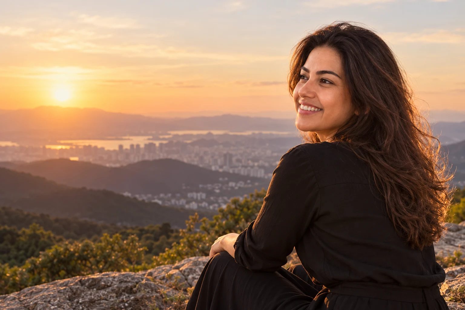 Juliana de preto diante de uma paisagem ampla ao entardecer.