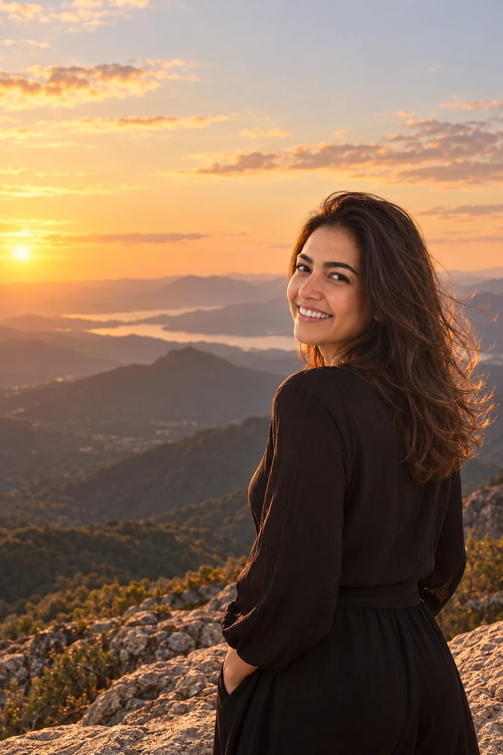 Juliana na praia em enquadramento vertical ao entardecer (Por do Sol).