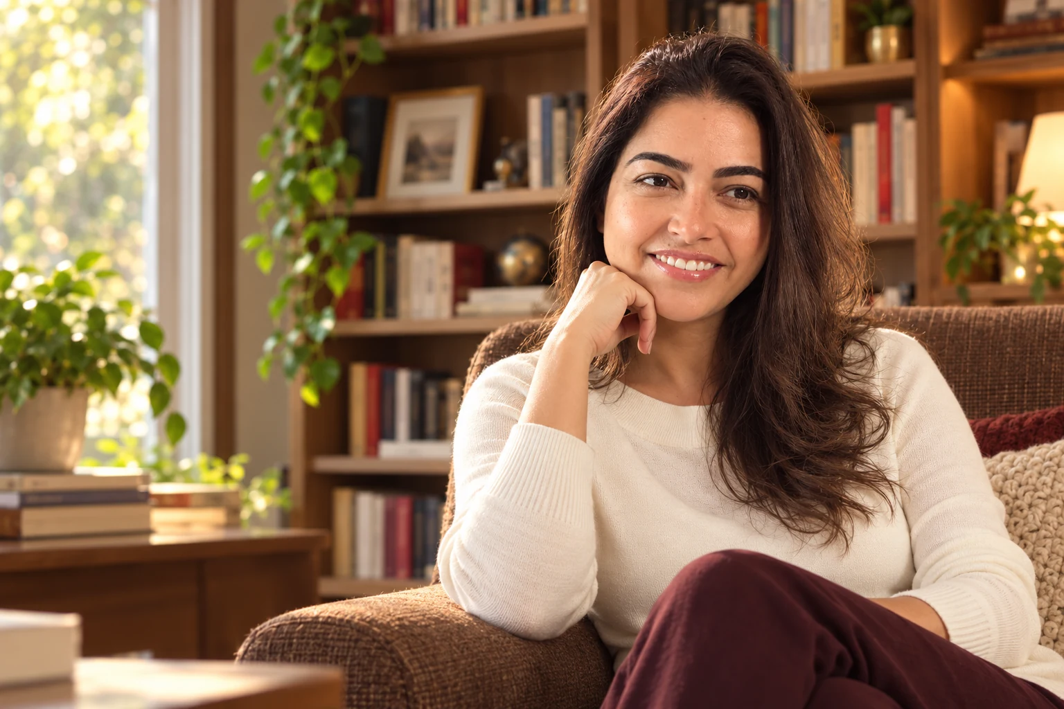 Juliana sentada em uma poltrona na biblioteca.