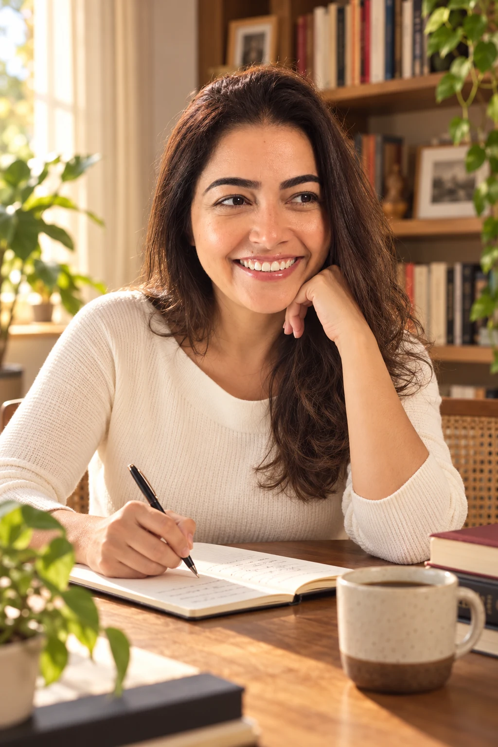 Juliana com caderno, caneta e café à mesa, em retrato vertical.