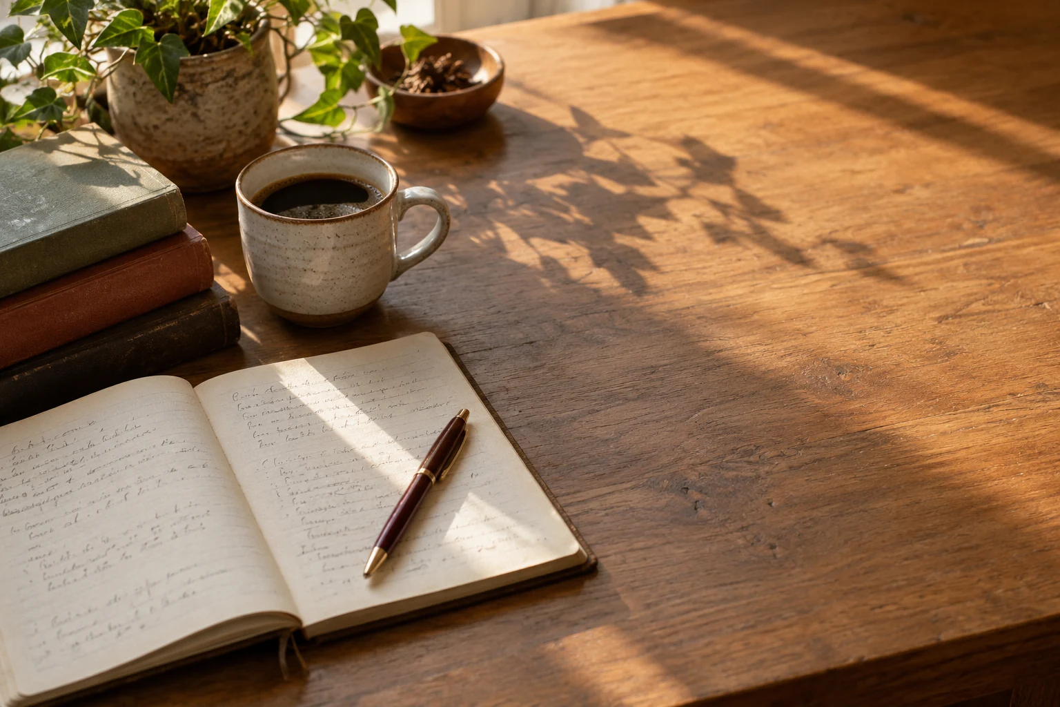 Livros, caderno aberto, caneta e café sobre uma mesa de madeira.