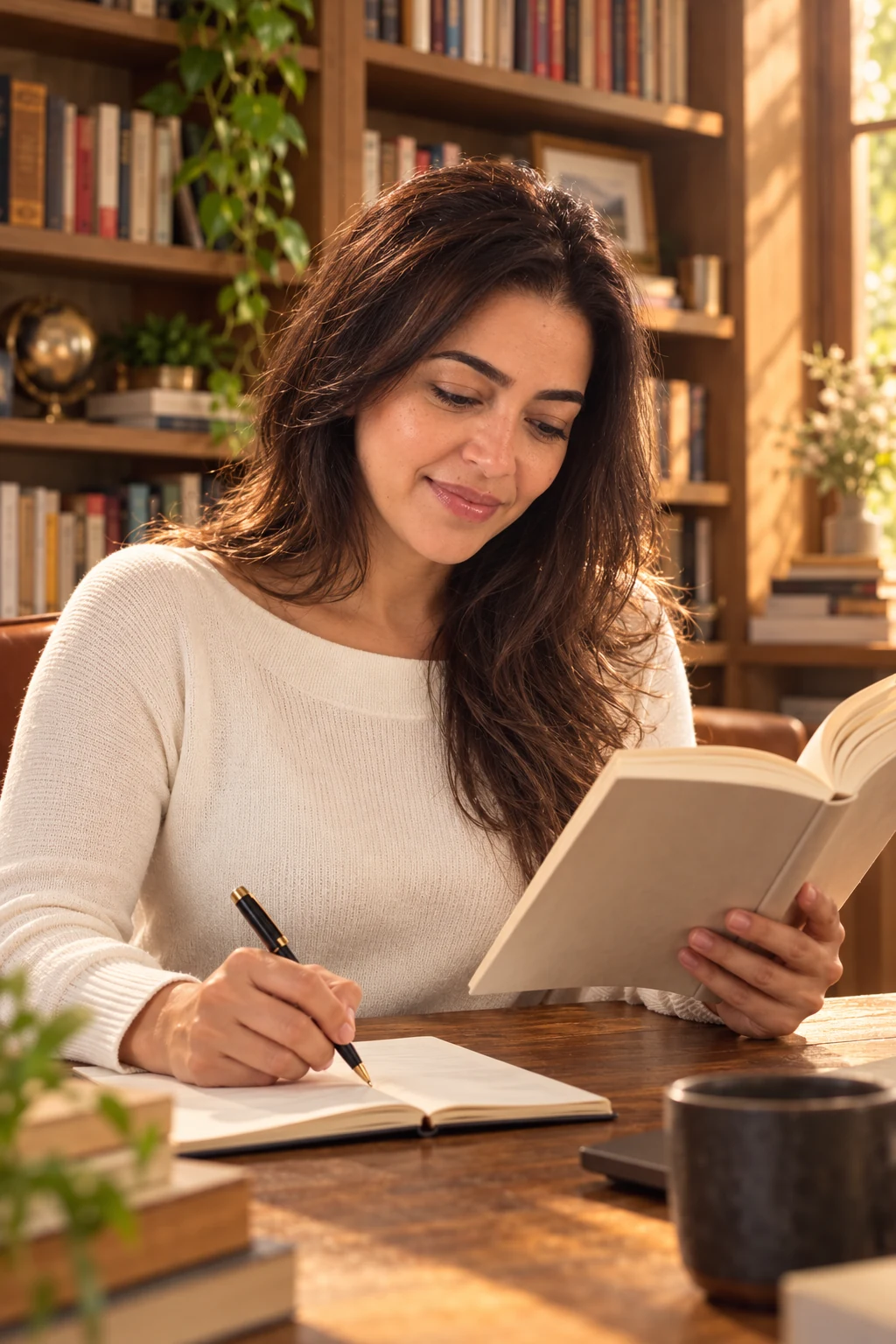Juliana lendo um livro e fazendo anotações em um caderno.