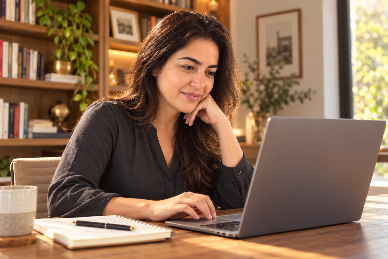 Juliana concentrada no trabalho em um notebook.