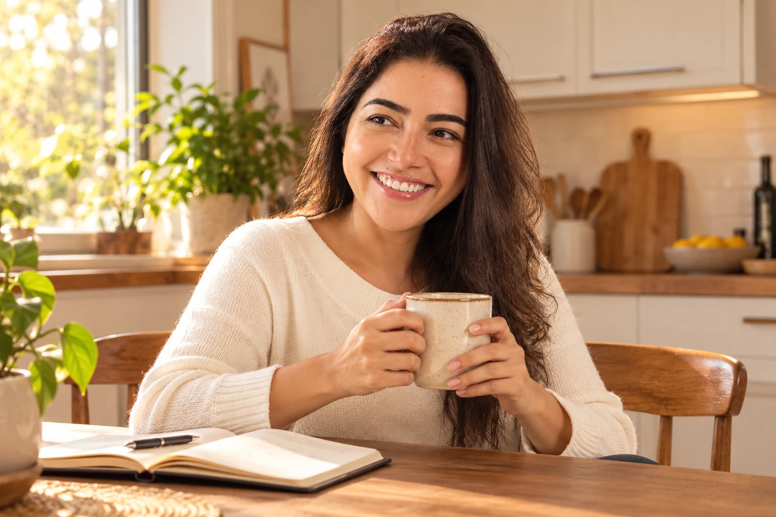 Juliana segurando uma caneca de café à mesa da cozinha.